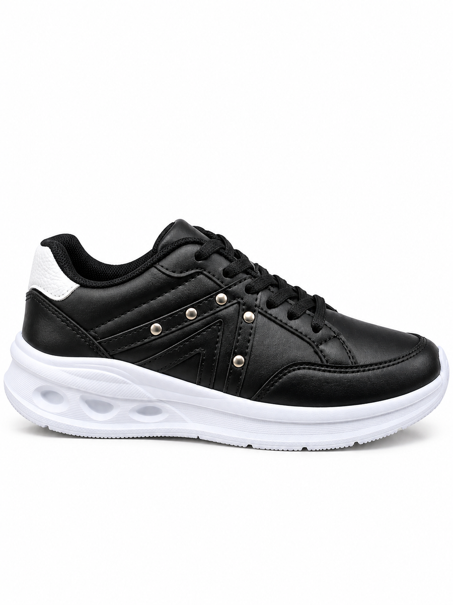 Kadın Kalın Tabanlı Metal Detaylı Bağcıklı Günlük Siyah Spor Ayakkabı Sneaker