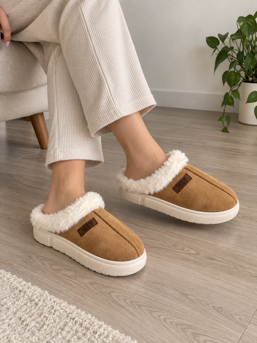 Kışlık Peluş Ev ve Dışarı Terliği – Sıcak & Rahat Taba