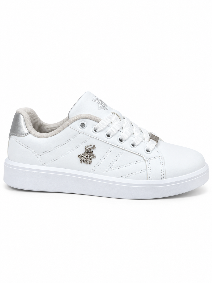 Unisex Günlük Spor Ayakkabı – Beyaz Kalın Tabanlı Bağcıklı Metal Logo Detaylı Sneaker