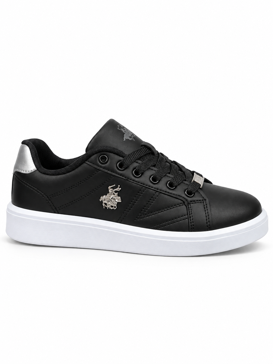 Unisex Günlük Spor Ayakkabı – Siyah Kalın Tabanlı Bağcıklı Metal Logo Detaylı Sneaker
