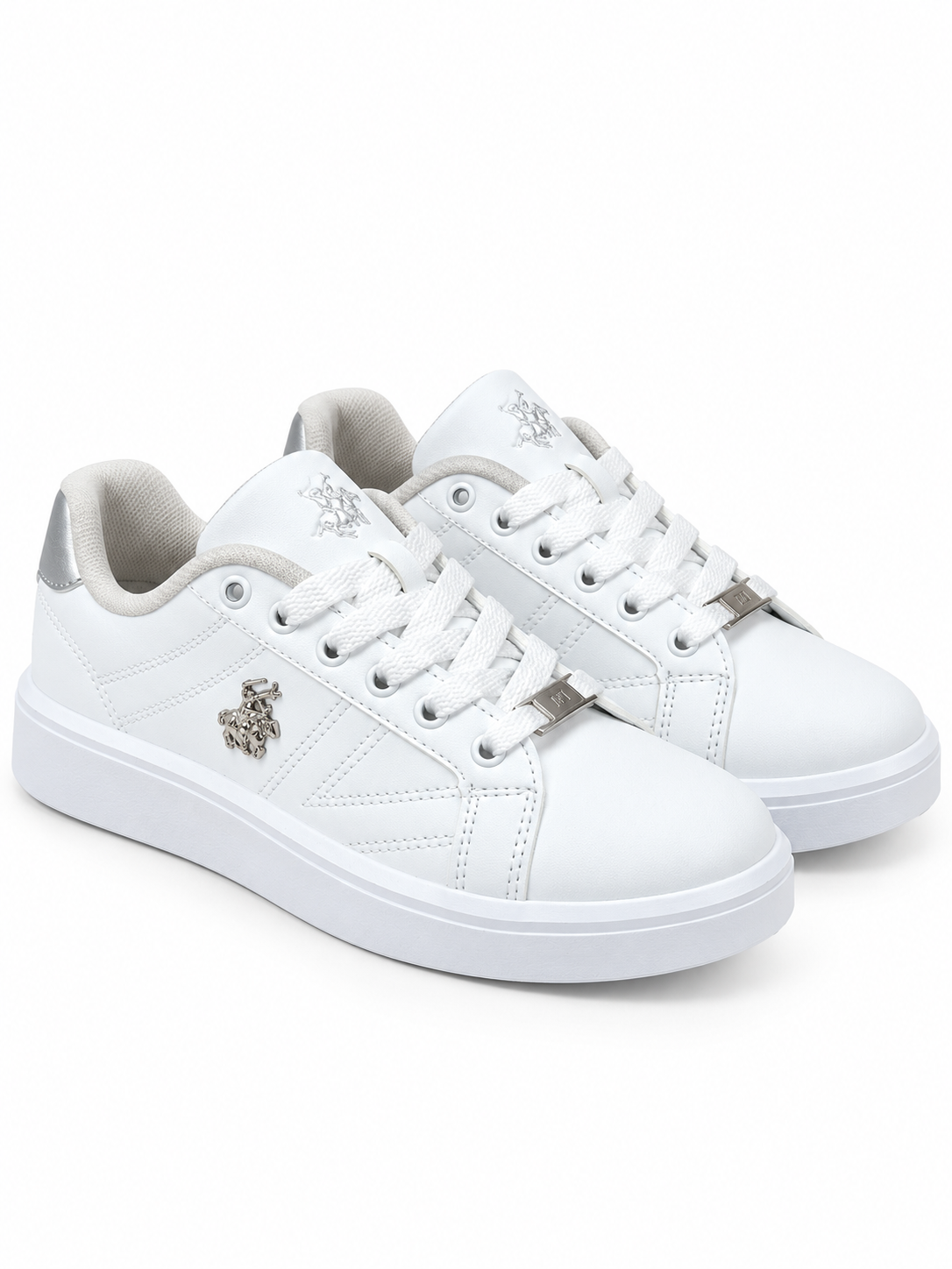 Unisex Günlük Spor Ayakkabı – Beyaz Kalın Tabanlı Bağcıklı Metal Logo Detaylı Sneaker