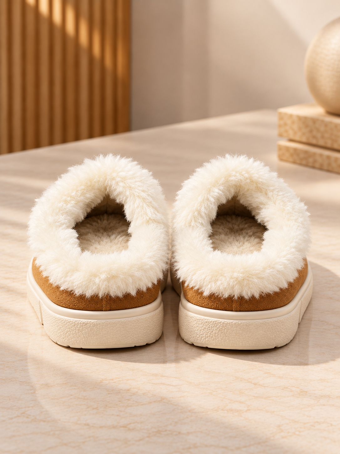 Kışlık Peluş Ev ve Dışarı Terliği – Sıcak & Rahat Taba